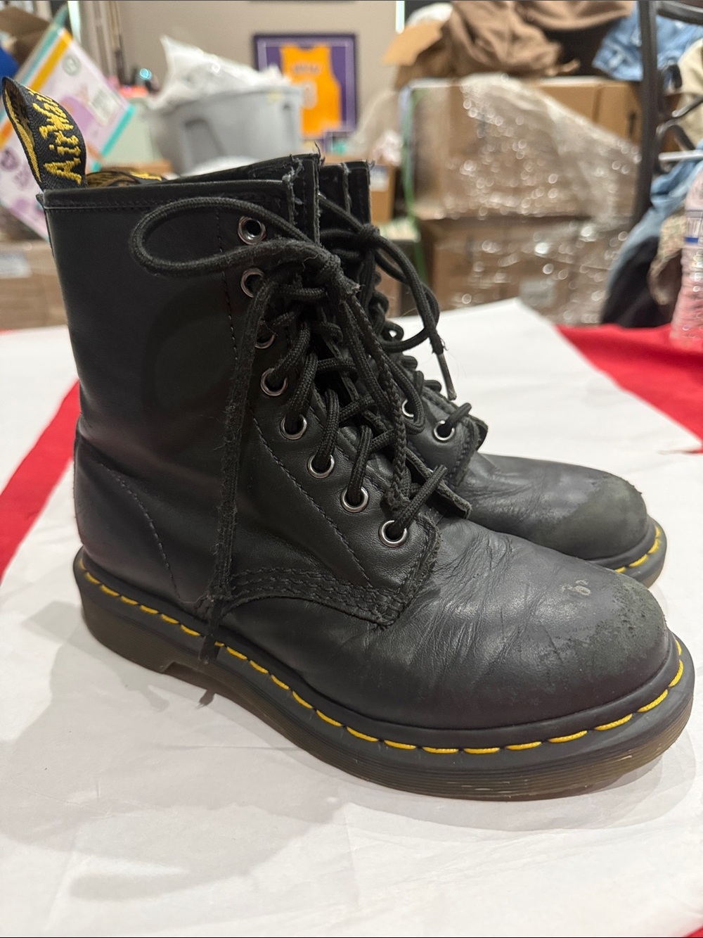 Dr. Martens Black Leather Lace-Up Combat Boots with Yellow Stitching